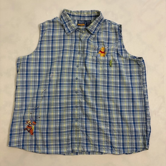 Pooh Woman Tops - Pooh Woman Plaid Sleeveless Button Up Shirt Plus Size Embroidered Tigger Pooh